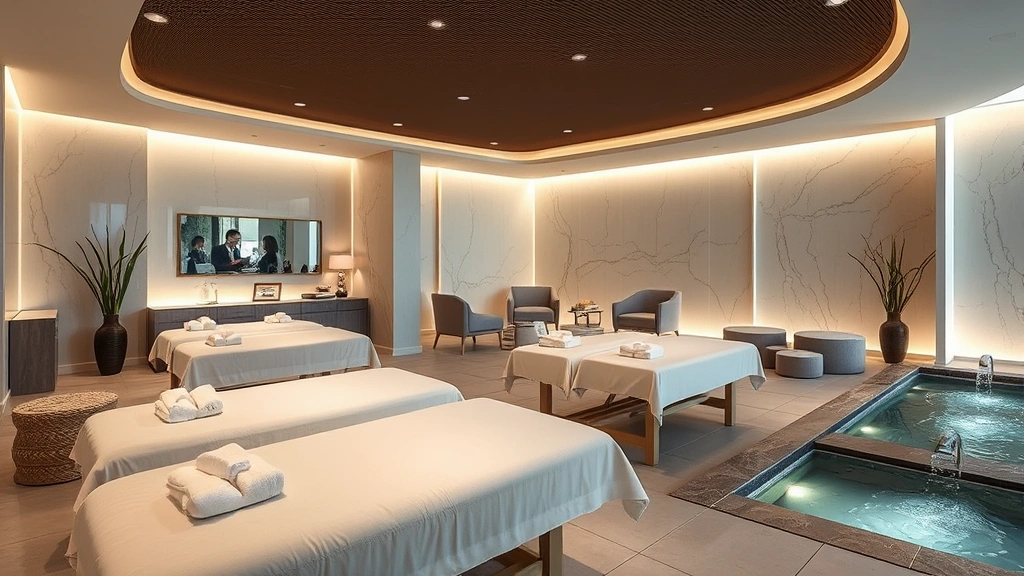 Spa and wellness center interior showing treatment rooms, massage tables with plush linens, soft ambient lighting, and calming décor. Relaxation areas with comfortable seating and water features. Clean, serene environment with natural elements and peaceful atmosphere