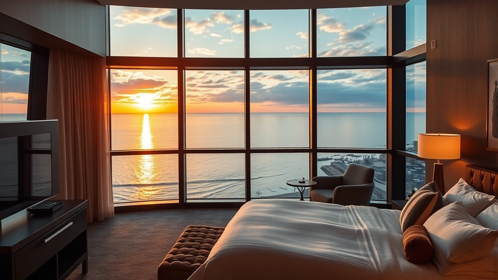 Luxury modern hotel room with floor-to-ceiling windows overlooking calm Lake Michigan waters at sunset, contemporary furnishings, soft golden lighting reflecting on water