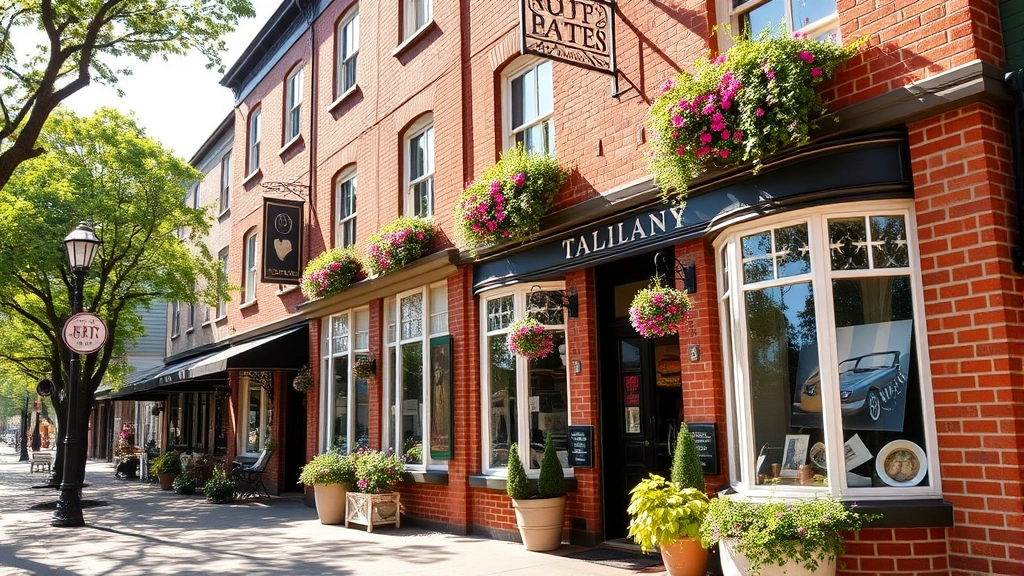 Charming boutique hotel exterior with brick architecture, flowering window boxes, welcoming entrance, tree-lined street with art galleries visible, summer day lighting
