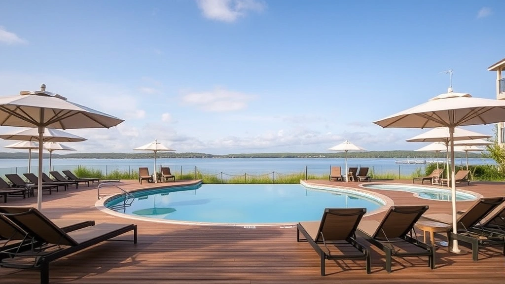 Resort pool area surrounded by comfortable lounge chairs with beach umbrellas, wooden deck, calm water reflecting sky, lakeside vegetation, peaceful vacation atmosphere