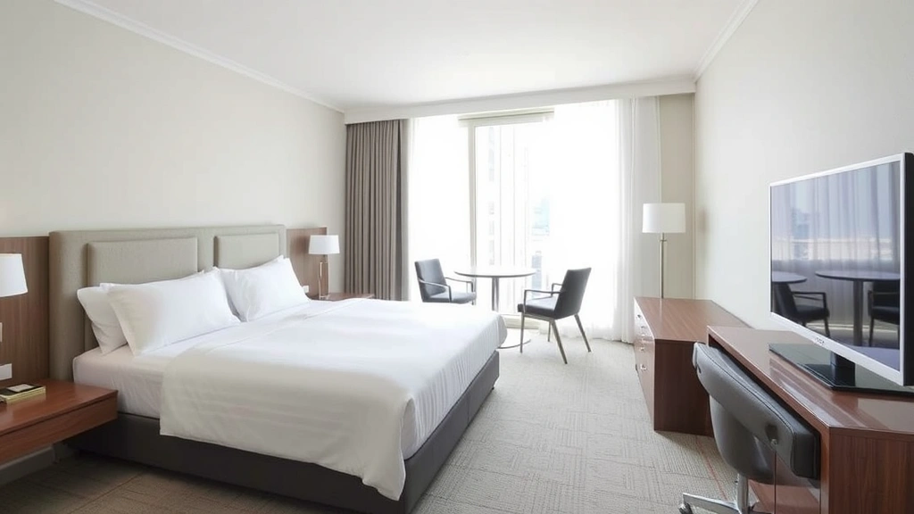 Modern hotel guest room with queen bed, contemporary furnishings, neutral color palette, work desk by window, natural daylight streaming in, clean contemporary design, no text or signage visible