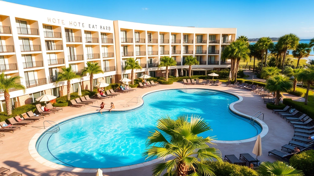 Hotel pool area during daytime with clear blue water, surrounding deck seating, lounge chairs, tropical landscaping, sunny weather, guests relaxing, resort atmosphere, no building numbers or identifying text