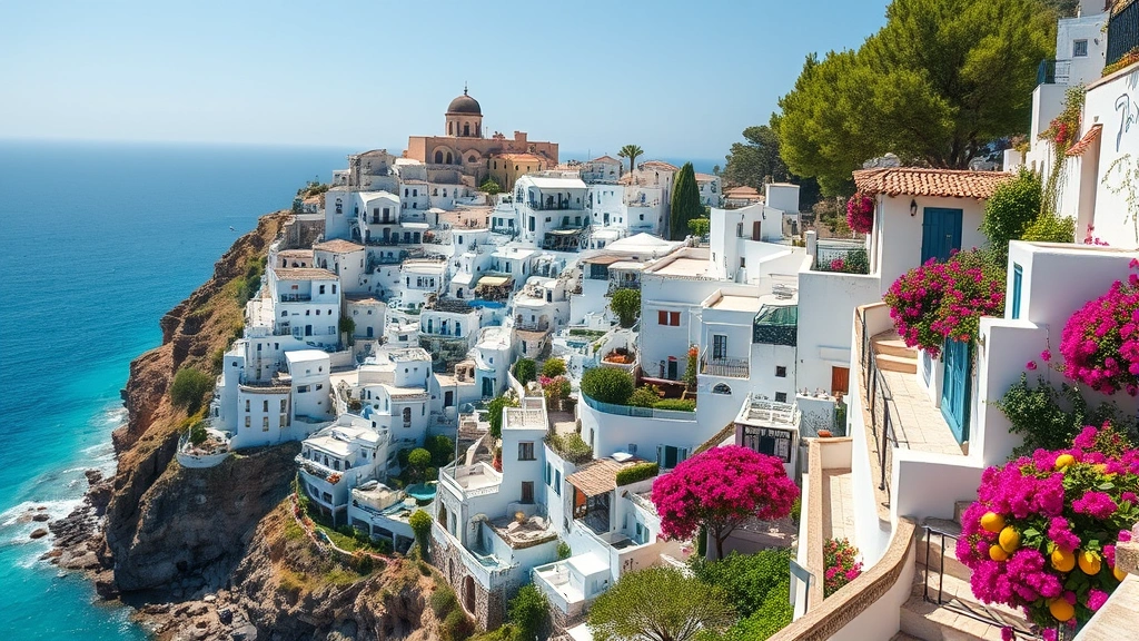 Aerial view of Mediterranean coastal village with whitewashed buildings cascading down cliffsides toward turquoise water, terraced gardens, and narrow winding streets lined with flowering bougainvillea and lemon trees