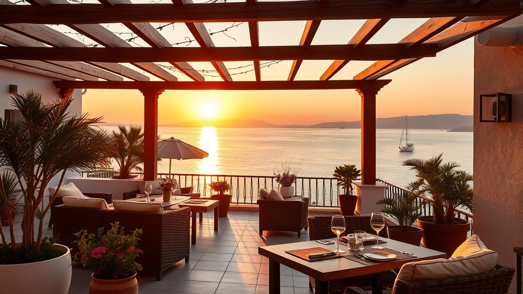 Intimate hotel terrace at sunset overlooking Mediterranean Sea with comfortable lounge seating, potted Mediterranean plants, wooden pergola providing shade, and table settings with wine glasses reflecting golden light