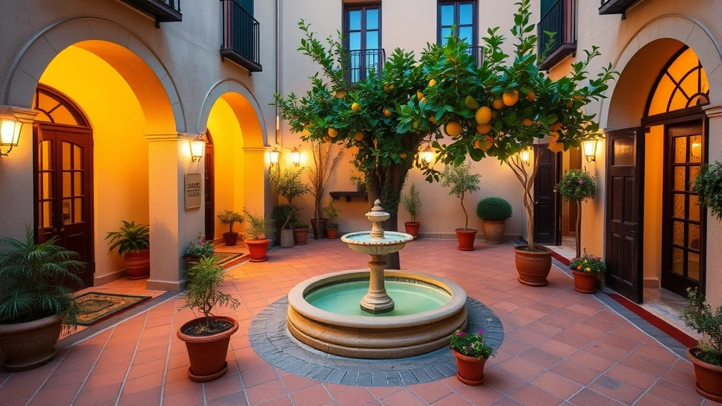 Charming boutique hotel courtyard featuring traditional Italian architecture with arched doorways, terracotta tiles, central fountain surrounded by potted citrus trees and flowering plants, ambient lighting creating warm evening atmosphere