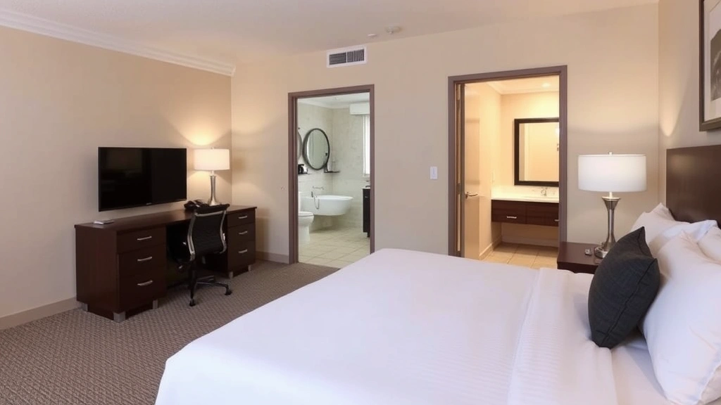 Spacious hotel guest room with king bed, premium linens, work desk with ergonomic chair, flat-screen TV, and modern bathroom visible through open door