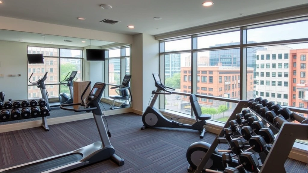 Hotel fitness center with cardio equipment, free weights, mirrors, and bright natural lighting from large windows overlooking Silver Spring downtown area