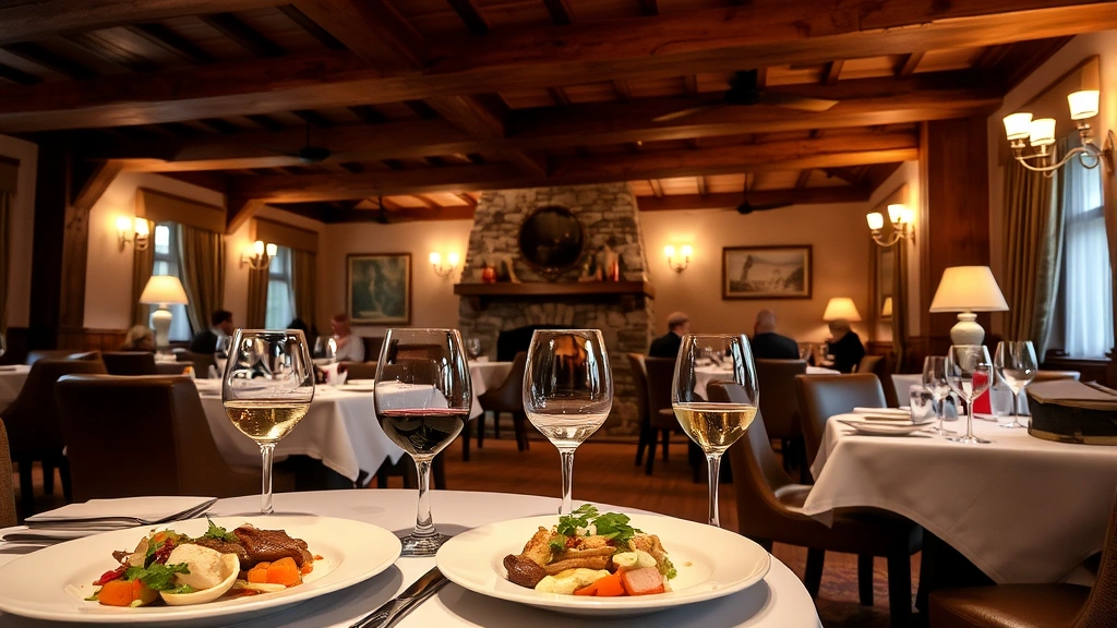 Hotel restaurant dining area with wooden beams, Scottish regional dishes on white plates, wine glasses, soft ambient lighting, stone fireplace, guests dining peacefully in background