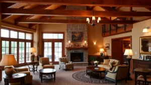 Warm, inviting boutique hotel lobby interior with wooden accents, vintage furnishings, and soft lighting reflecting Napa Valley wine country aesthetic, no visible signage or text