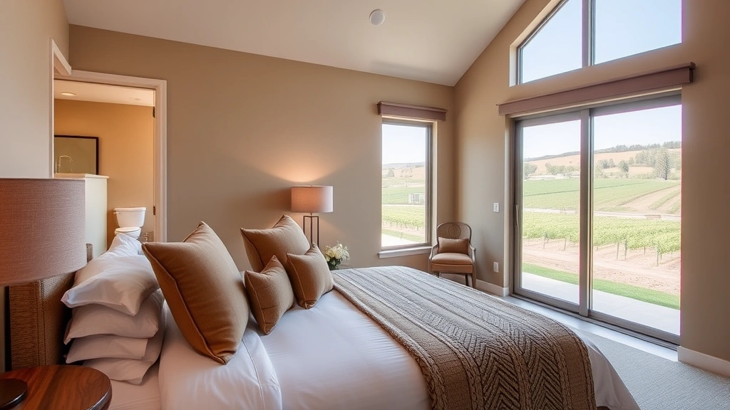 Comfortable guest bedroom featuring contemporary bedding, warm earth tones, large windows overlooking vineyard landscape, modern bathroom fixtures visible through doorway, no room numbers or identifying text