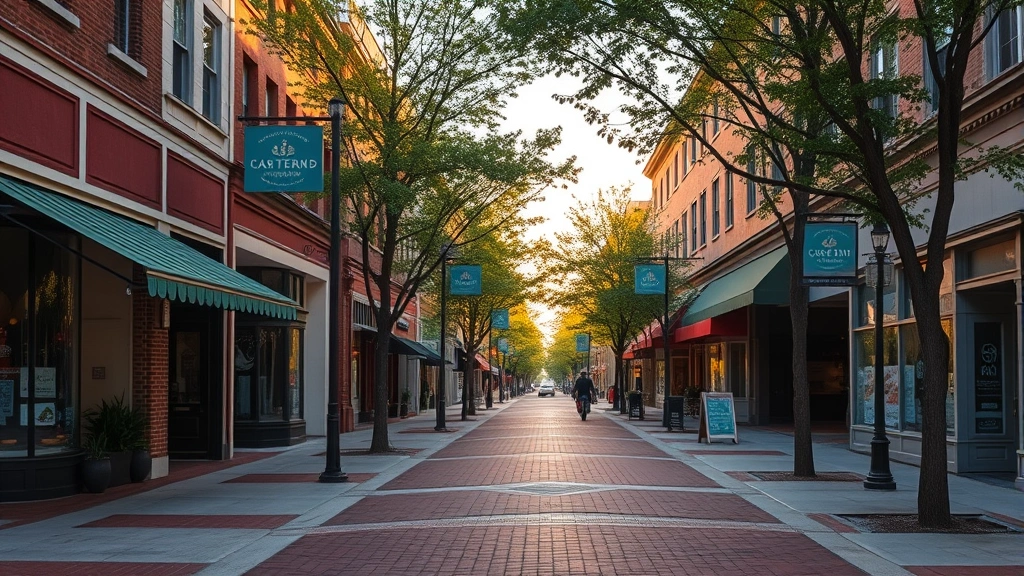 Downtown Main Street pedestrian walkway lined with storefronts, restaurants, and galleries on tree-lined street during golden hour, showing vibrant small-town atmosphere without visible business signage or addresses