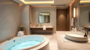 Luxurious modern hotel bathroom with large freestanding jacuzzi tub, soft ambient lighting, fluffy white towels, and spa products on marble counter