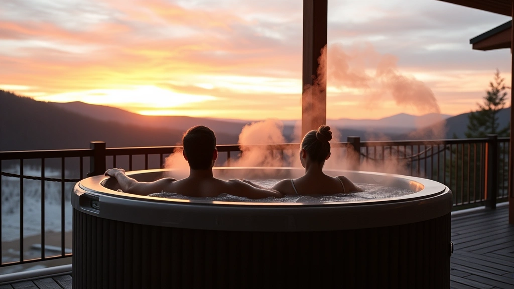 Couple relaxing in private outdoor hot tub on resort balcony overlooking mountain landscape at sunset, steam rising from water
