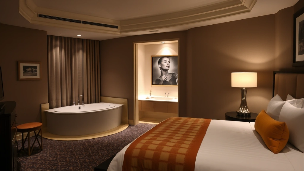 Upscale hotel bedroom suite with jetted bathtub visible through open bathroom doorway, dimmed lighting, plush bedding, and contemporary décor