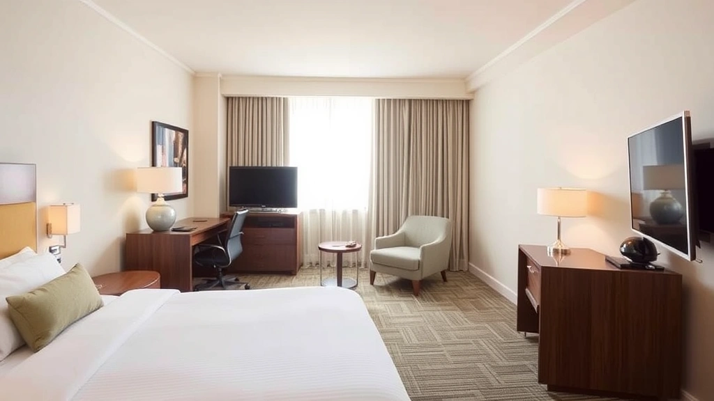 Spacious hotel bedroom with comfortable bed, desk workspace, modern furnishings, and natural window light in neutral tones