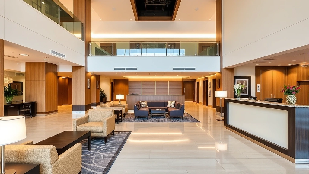 Contemporary hotel lobby interior featuring comfortable seating areas, welcoming reception desk, warm lighting, and clean professional atmosphere
