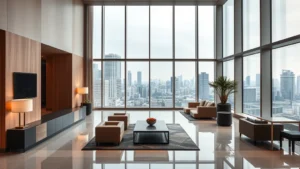 Modern luxury hotel lobby with minimalist design, floor-to-ceiling windows overlooking Tokyo cityscape, contemporary furniture, warm lighting, no people visible, daytime photography