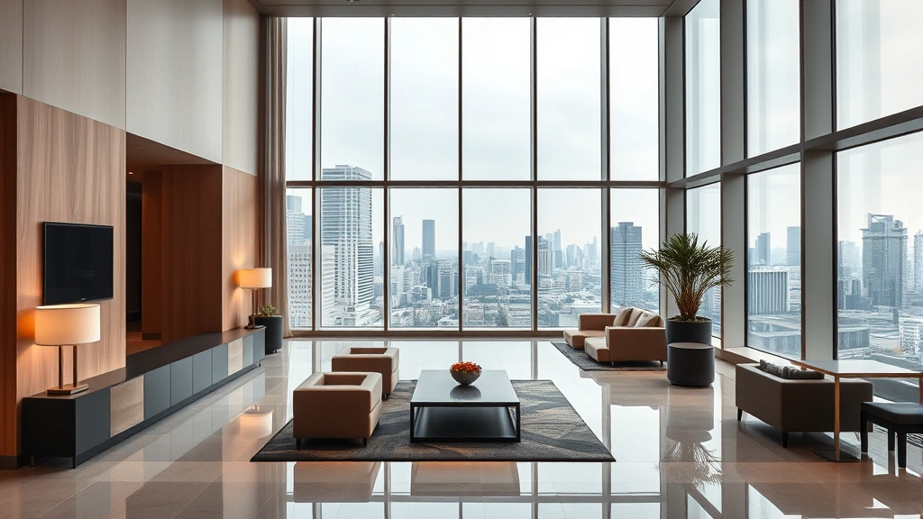 Modern luxury hotel lobby with minimalist design, floor-to-ceiling windows overlooking Tokyo cityscape, contemporary furniture, warm lighting, no people visible, daytime photography