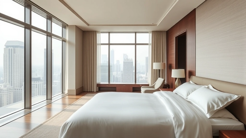 Elegant hotel room interior featuring contemporary Japanese design, large bed with white linens, floor-to-ceiling windows with city views, minimalist furnishings, natural daylight, no text or identifying marks