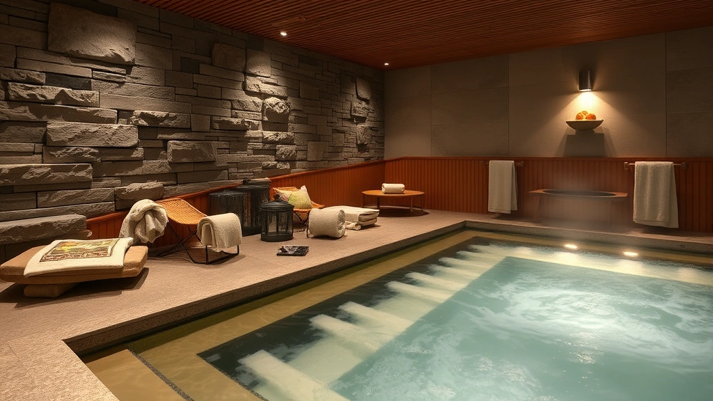 Upscale hotel spa and onsen area with natural stone, steaming hot water, wooden accents, peaceful ambiance, spa towels visible, no people, serene Japanese design aesthetic