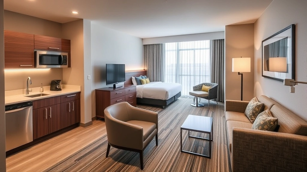 Modern extended-stay hotel room interior with kitchenette, bed, and seating area, showing contemporary furnishings and practical living setup