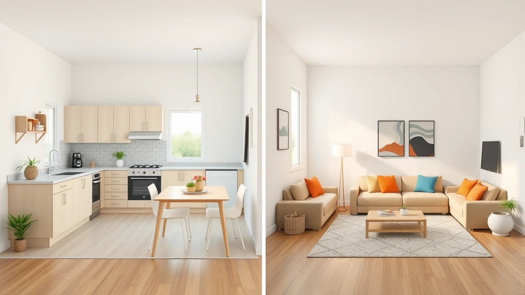 Comparison visualization of typical apartment living space with kitchen, dining area, and living room, demonstrating traditional rental housing layout