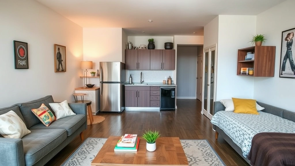 Budget-conscious roommate shared living space with multiple personal areas, showing co-living arrangement with communal kitchen and separate sleeping quarters