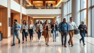Modern hotel lobby with diverse guests of different abilities and appearances moving through spacious, well-lit common area with clear wayfinding markers and accessible features seamlessly integrated into elegant design