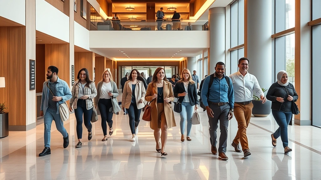 Modern hotel lobby with diverse guests of different abilities and appearances moving through spacious, well-lit common area with clear wayfinding markers and accessible features seamlessly integrated into elegant design