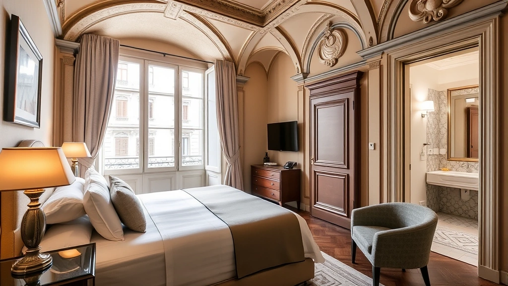 Elegant historic Italian hotel bedroom with Renaissance architectural details, premium furnishings, modern lighting, neutral color palette, window overlooking European city street, contemporary bathroom visible through doorway