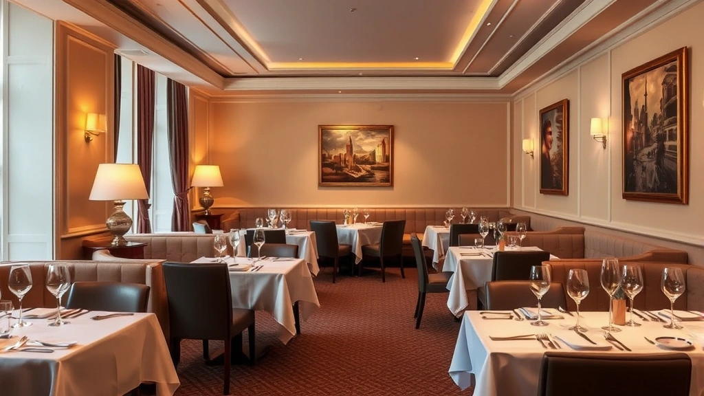 Sophisticated hotel restaurant interior with warm ambient lighting, white tablecloths, comfortable seating, regional Italian artwork on walls, intimate dining atmosphere, professional table settings, no visible text or signage