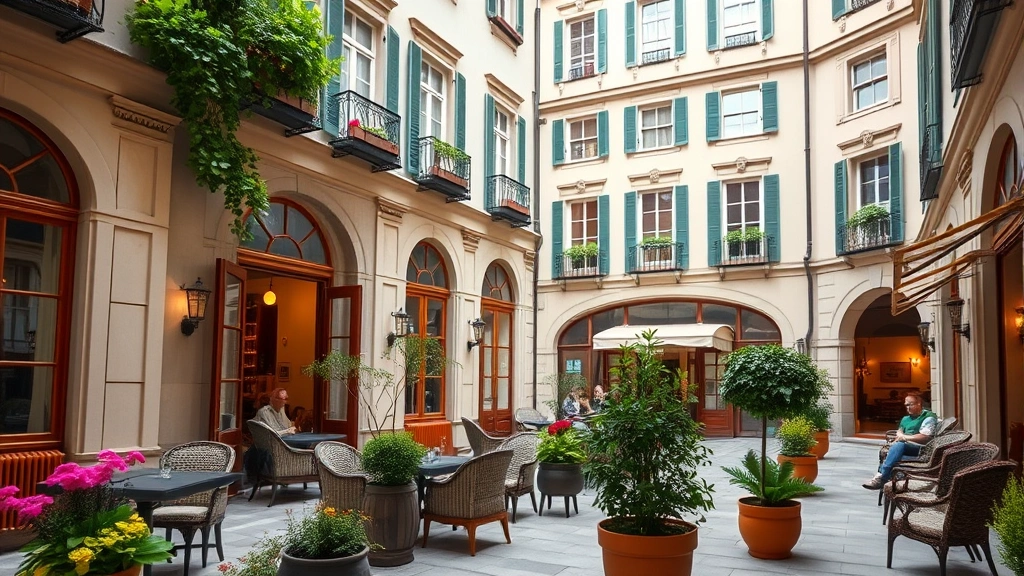 Charming European hotel courtyard or lobby area with classical architecture, comfortable seating arrangements, potted plants and flowers, natural light from windows, welcoming hospitality environment, guests relaxing in background