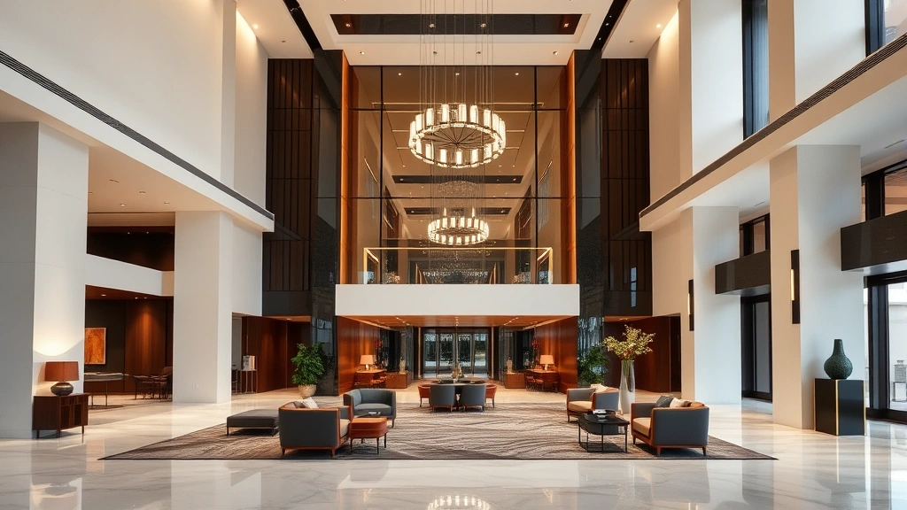 Modern luxury hotel lobby with contemporary furniture, elegant lighting fixtures, and minimalist design aesthetic, showing upscale interior architecture and welcoming entrance area
