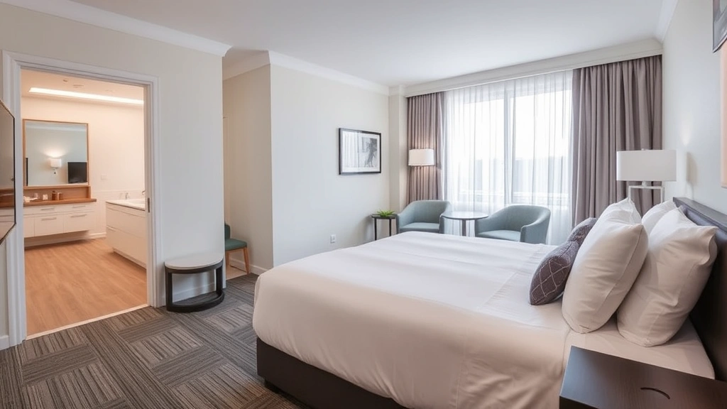 Spacious hotel guest room featuring modern furnishings, comfortable bed with quality linens, contemporary décor, clean bathroom visible, natural lighting from windows