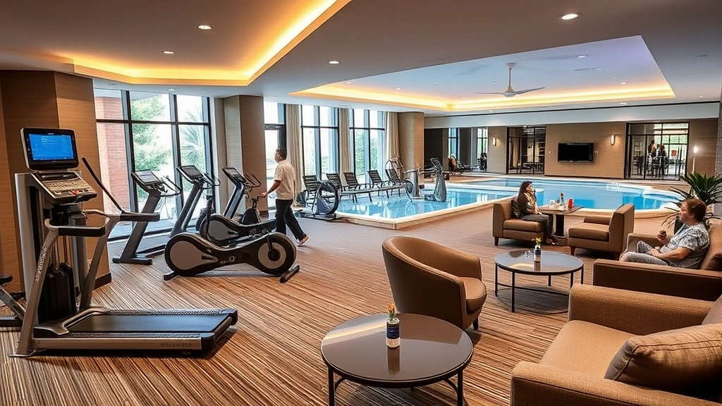 Hotel amenity area showing fitness center with modern equipment or pool lounge with comfortable seating, professional hospitality environment, guests enjoying facilities