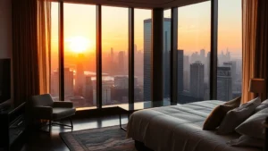 Luxury hotel bedroom with floor-to-ceiling windows overlooking Manhattan skyline at sunset, warm golden light reflecting off glass towers, modern minimalist furniture silhouetted against glowing cityscape