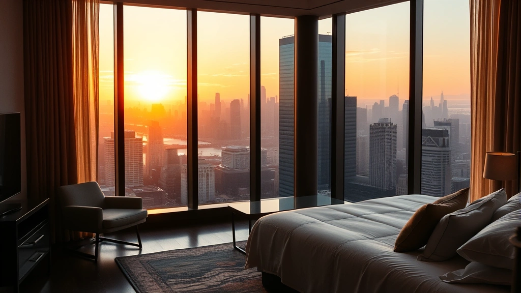 Luxury hotel bedroom with floor-to-ceiling windows overlooking Manhattan skyline at sunset, warm golden light reflecting off glass towers, modern minimalist furniture silhouetted against glowing cityscape