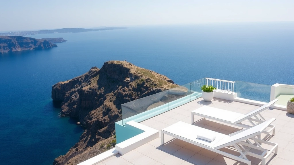 Luxurious Mediterranean coastal hotel terrace with white lounge chairs, sea view infinity perspective, dramatic clifftop setting overlooking turquoise water and distant coastline