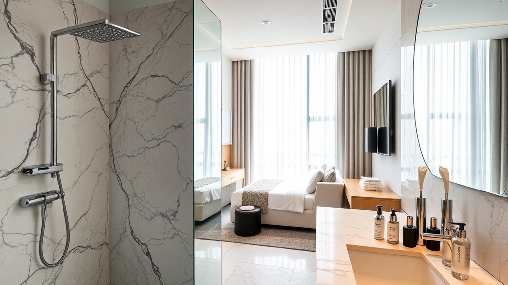 Modern hotel suite interior with marble bathroom, rainfall showerhead, high-end toiletries displayed on vanity, natural light from window, contemporary luxury spa atmosphere