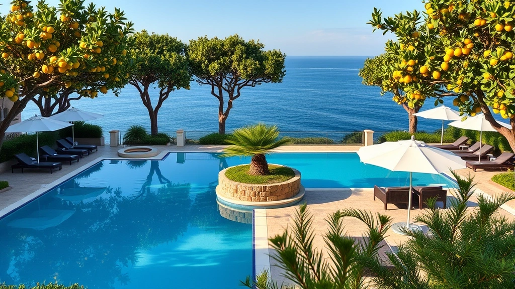 Resort swimming pool surrounded by Mediterranean lemon trees and coastal vegetation, multiple seating areas, sea view horizon, professional poolside service setup with umbrellas and lounge furniture