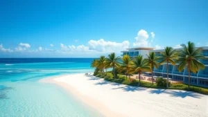 Tropical beachfront resort with white sand beach, crystal clear turquoise water, palm trees, and modern hotel buildings with ocean views, no text or signage visible