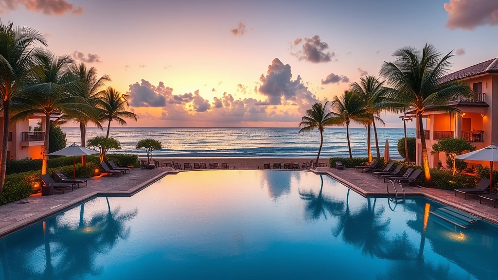 Luxurious resort pool area overlooking Caribbean ocean, lounge chairs, tropical landscaping, sunset lighting, beachfront setting, no identifying text or logos