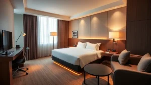 Modern hotel room interior with contemporary furnishings, comfortable bed with white linens, work desk, and warm ambient lighting in neutral tones