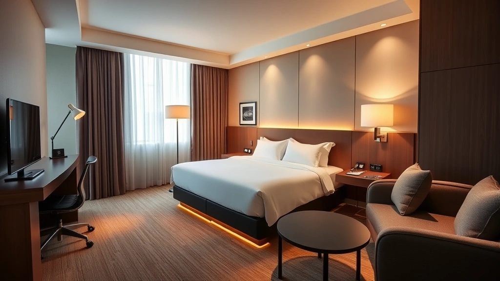 Modern hotel room interior with contemporary furnishings, comfortable bed with white linens, work desk, and warm ambient lighting in neutral tones