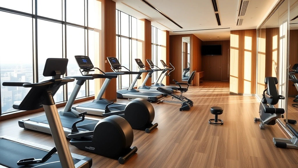 Hotel fitness center with modern exercise equipment, floor-to-ceiling windows, wooden flooring, and bright natural daylight
