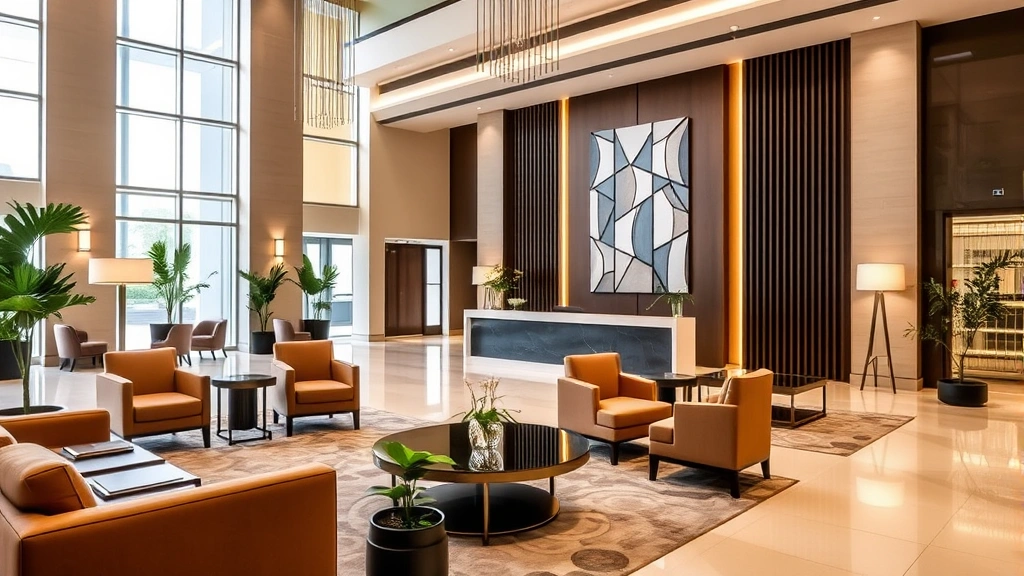 Elegant hotel lobby with contemporary reception desk, comfortable seating areas, indoor plants, and professional ambiance