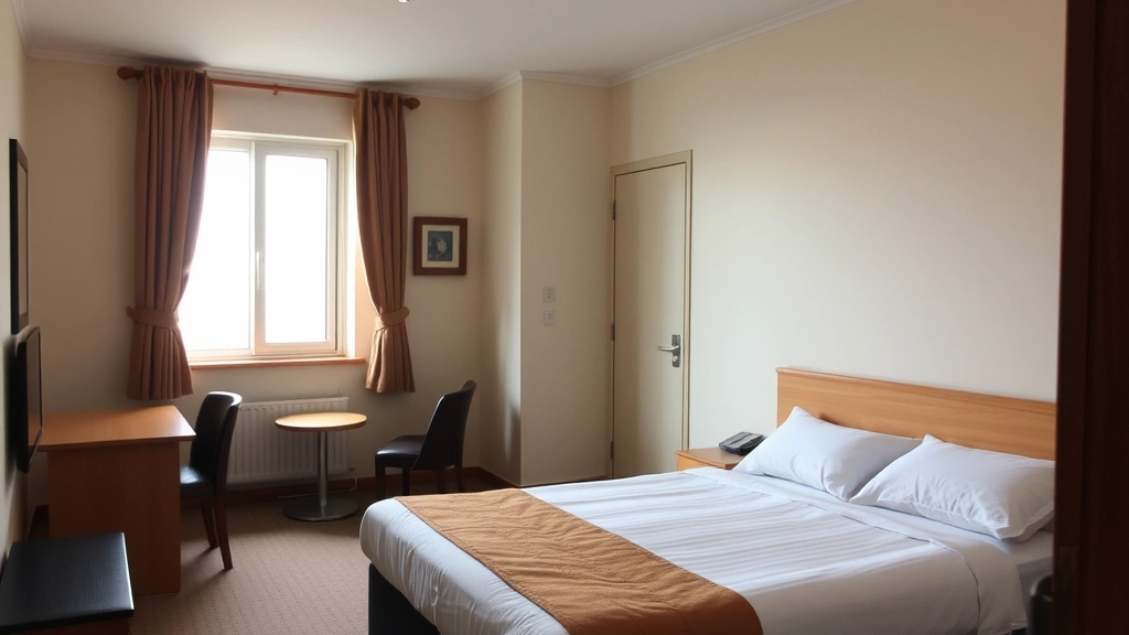 Modest hotel room interior with clean bed, simple furniture, window with natural light, welcoming and dignified space, no identifying markers