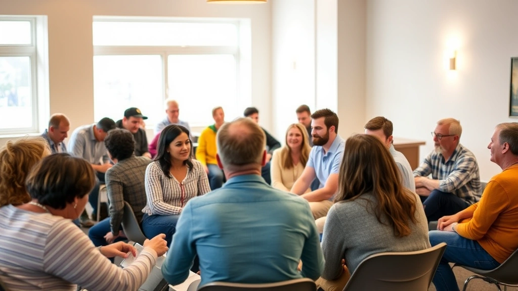 Diverse group of people in casual clothing sitting together in a bright community room or common area, engaged in conversation, warm lighting, inclusive atmosphere