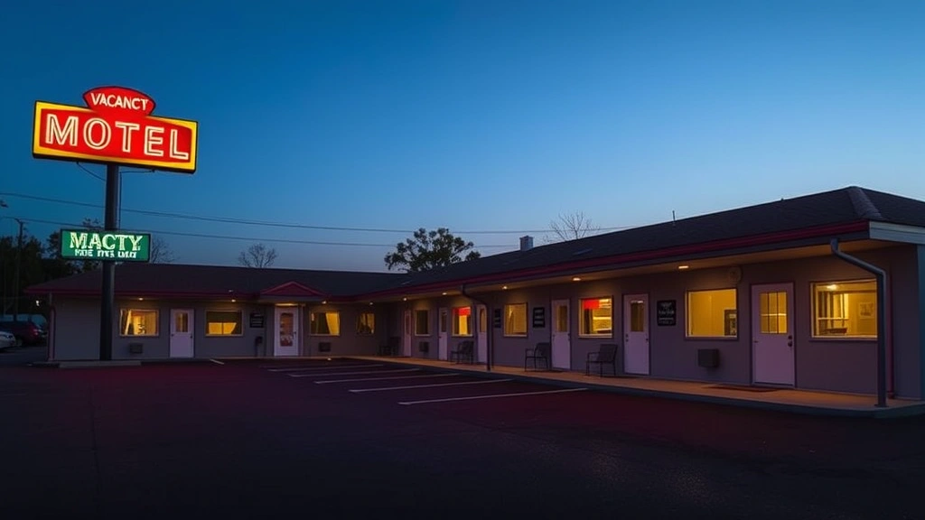 Modern motel exterior with ground-level rooms, parking lot, and neon vacancy sign at dusk, clean contemporary design, no visible text or addresses