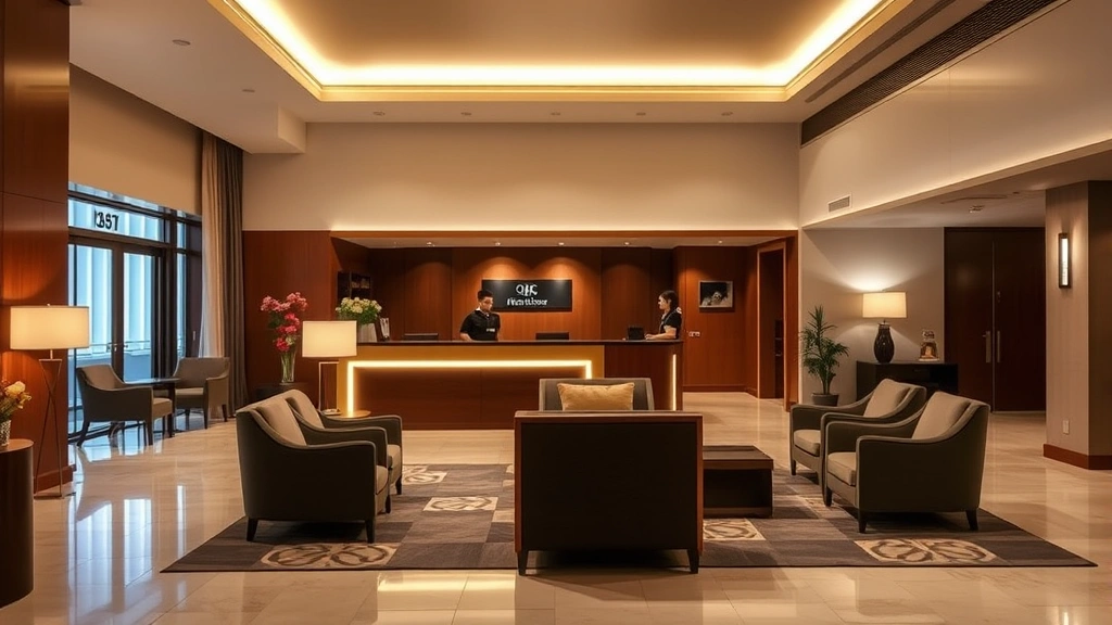 Hotel lobby interior showing front desk, comfortable seating area, professional staff, modern décor, soft warm lighting, no visible signage or room numbers